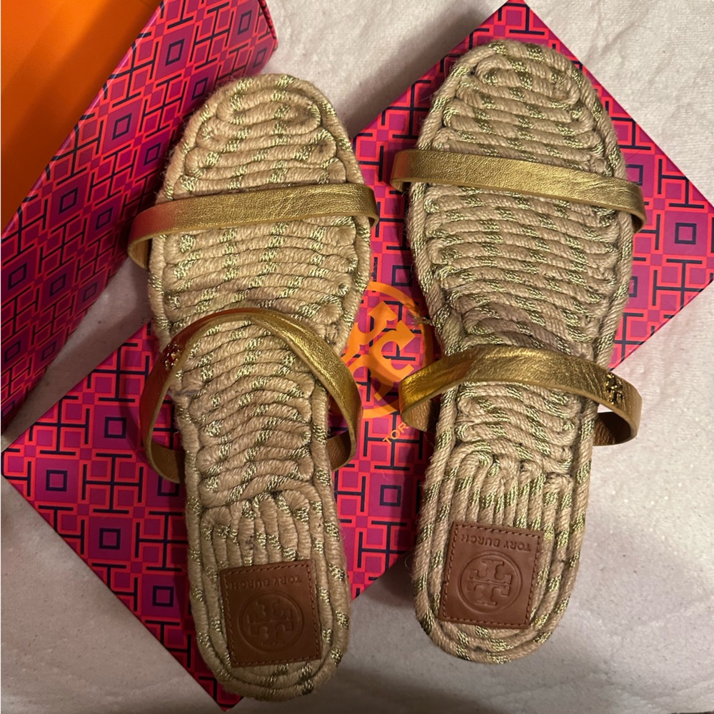 Gold and tan Tory Burch Sandals espadrilles